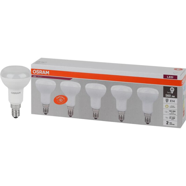 Лампа светодиодная Osram 7 Вт Е14 (R, 3000 К, 560 Лм, 220 В, 5 штук в  упаковке, 4058075583931)