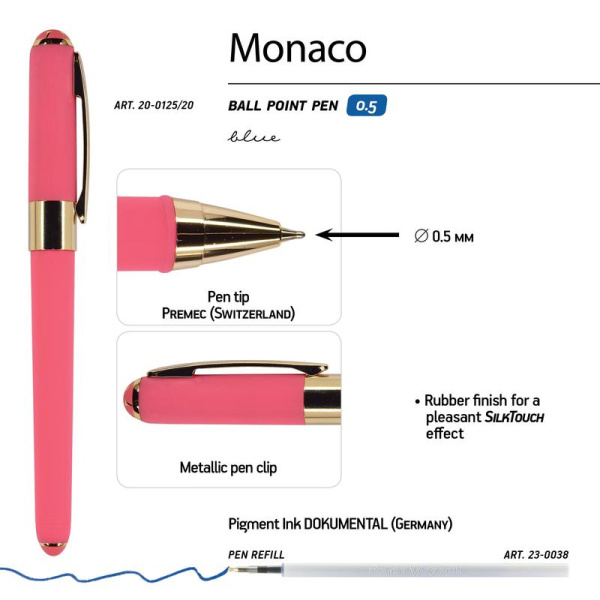 Ручка шариковая неавтоматическая Bruno Visconti Monaco синяя (коралловый  корпус, толщина линии 0.4 мм)