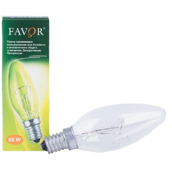 Лампа накаливания Favor 60 Вт E14 свеча прозрачная 2700 K теплый белый  свет