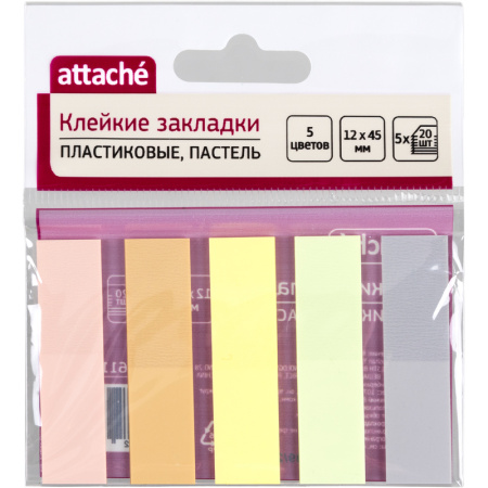 Закладки пластиковые Attache 45х12мм пастель 20 листов х 5 цветов