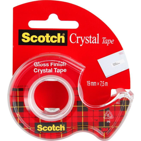 Клейкая лента канцелярская Scotch Crystal прозрачная 19 мм х 7.5 м (с диспенсером)