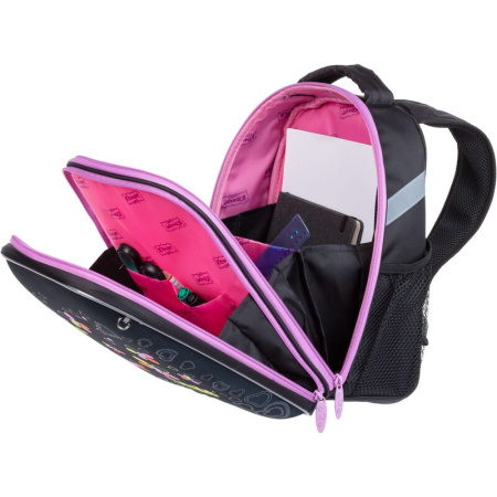 Ранец Комус Класс Light Smile черный (цветы) с двумя отделениями