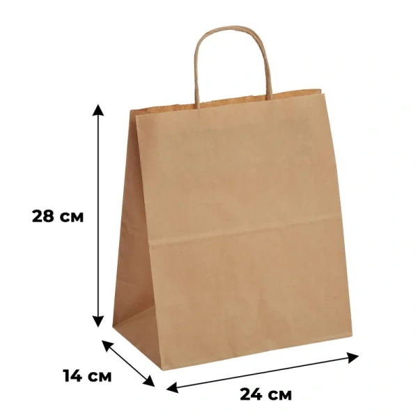 Крафт-пакет бумажный коричневый с кручеными ручками 24x14х28 см 70   г/кв.м био (250 штук в упаковке)