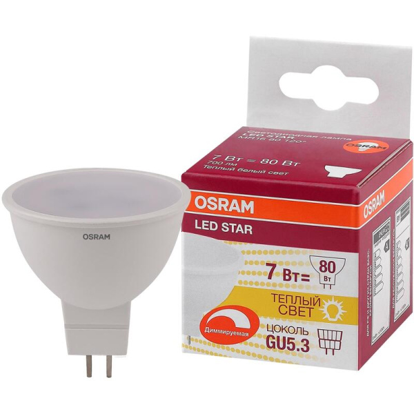 Лампа светодиодная Osram 7 Вт GU5.3 (MR, 3000 К, 600 Лм, 220 В,  4058075229006)