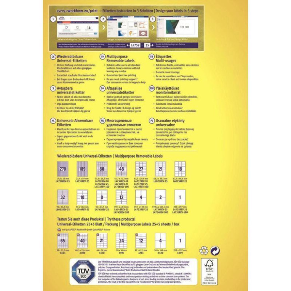 Этикетки самоклеящиеся Avery Zweckform удаляемые белые 17.8x10 мм (270 штук на листе A4, 25 листов, артикул производителя L4730REV-25)
