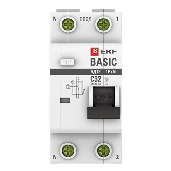 Выключатель автоматический дифференциальный EKF Basic 1п 32А С 30мА АC  (DA12-32-30-bas)