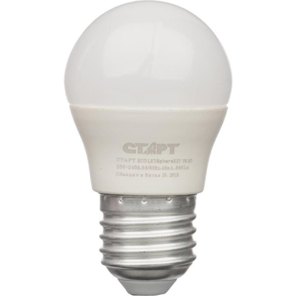 Лампа светодиодная Старт 7Вт E27 шарообразная 2700k теплый белый свет