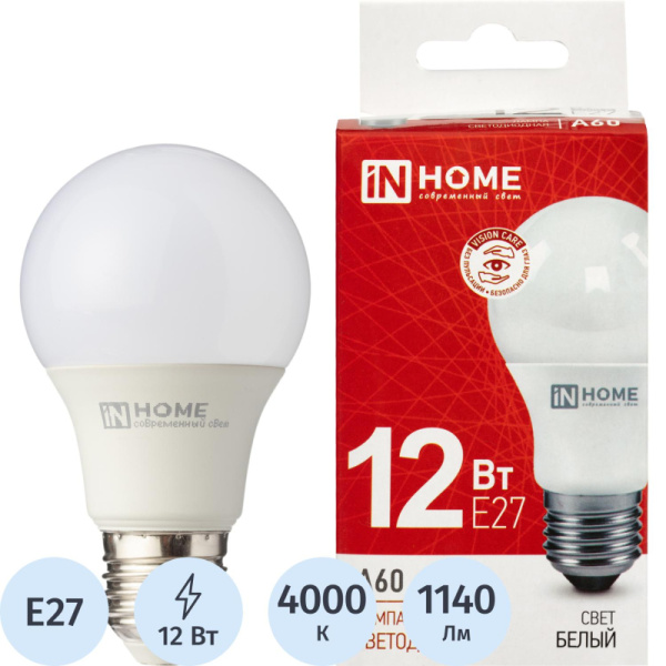 Лампа светодиодная In Home 12 Вт E27 A 4000 К 1140 Лм матовая  (4690612020242)