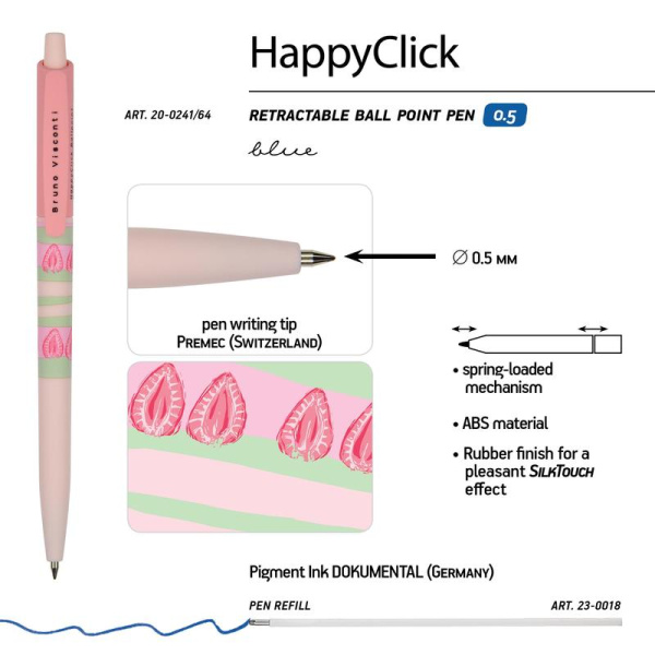 Ручка шариковая автоматическая Bruno Visconti HappyClick Клубника цвет чернил синий цвет корпуса розовый (толщина линии 0.38 мм)