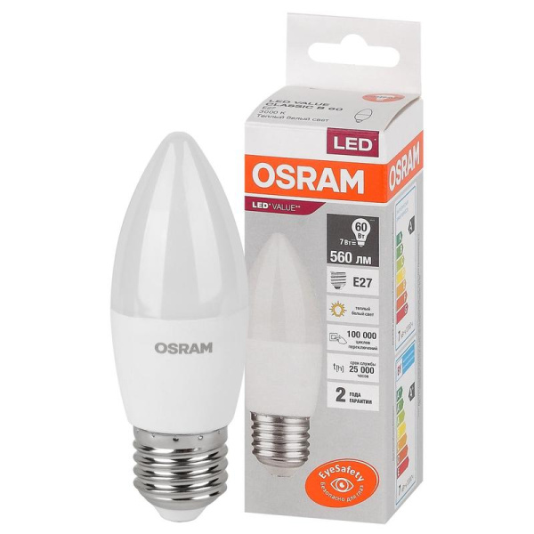 Лампа светодиодная Osram LED Value B свеча 7Вт E27 3000К 560Лм 220В  4058075579446