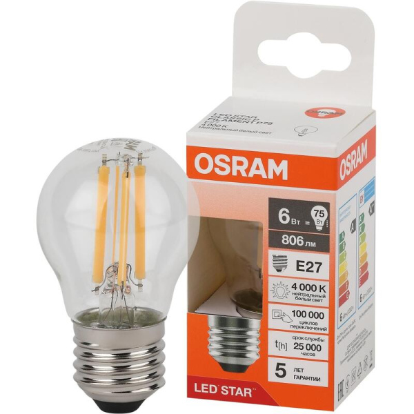Лампа светодиодная Osram 6 Вт Е27 (Р, 4000 К, 806 Лм, 220 В,  4058075684751)