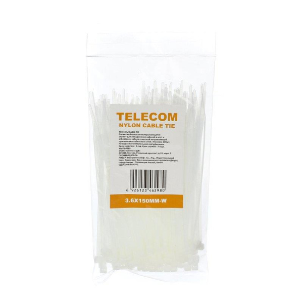 Стяжка Telecom 150x3.6 мм белая 100 штук в упаковке (TIE3.6X150MM)