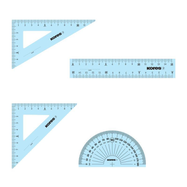 Набор чертежный Kores (линейка 15 см, транспортир 10 см, 2 треугольника 12 см)